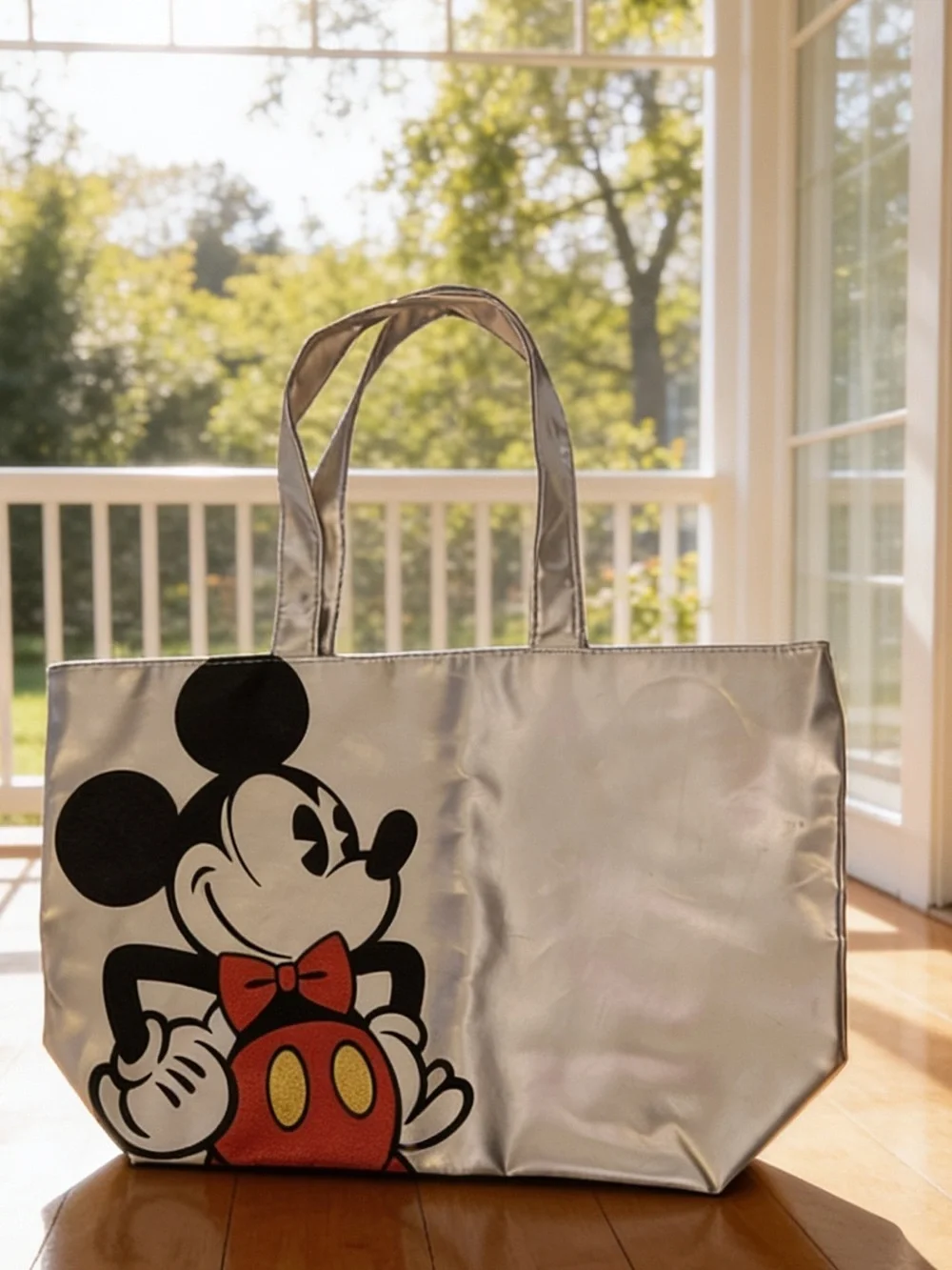 Disney Metallic Silver Tote with Mickey and Red Bow